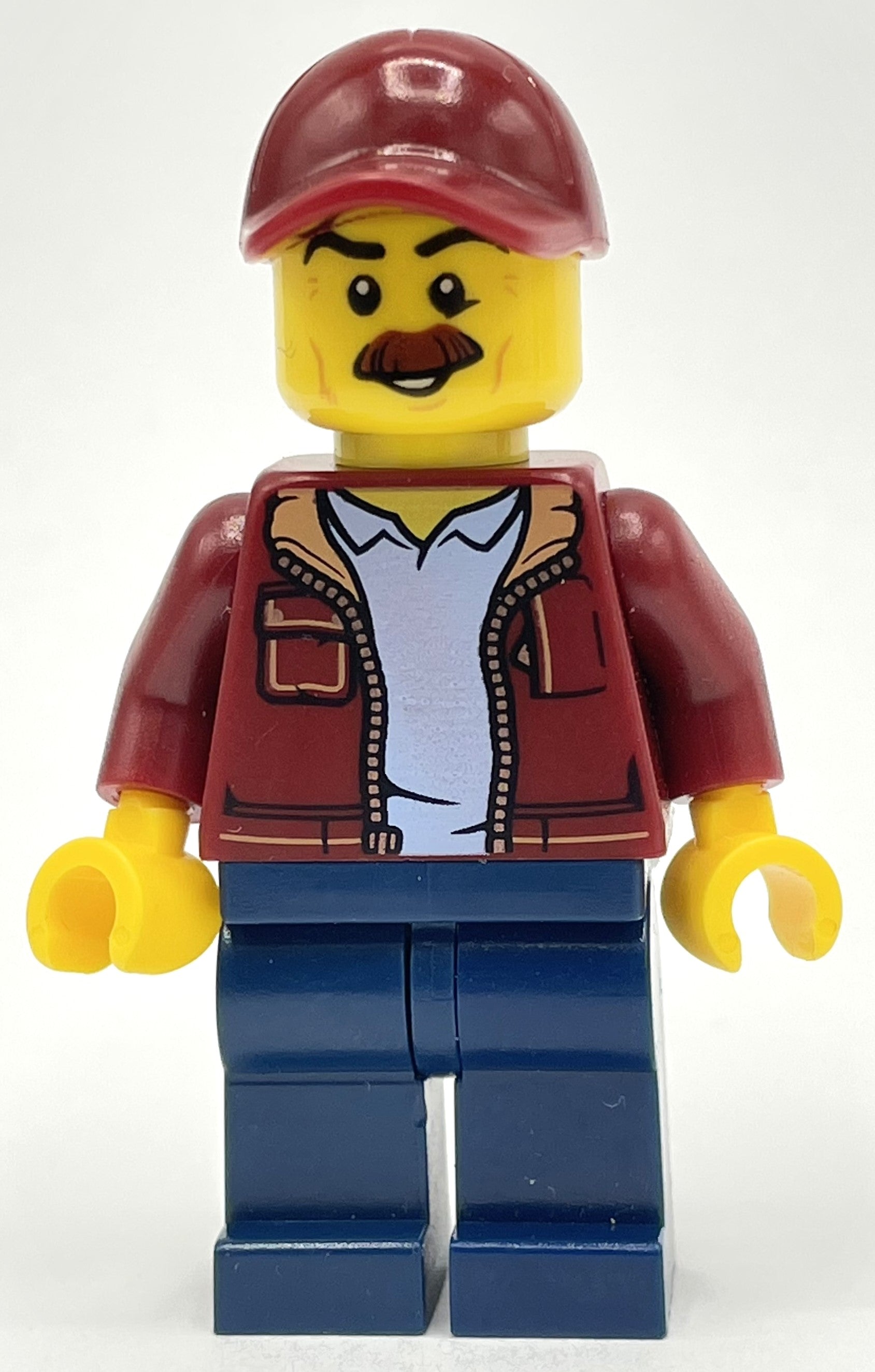 fig-009865 – Man, Open Dark Red Jacket, Dark Blue Legs, Dark Red Cap, Moustache