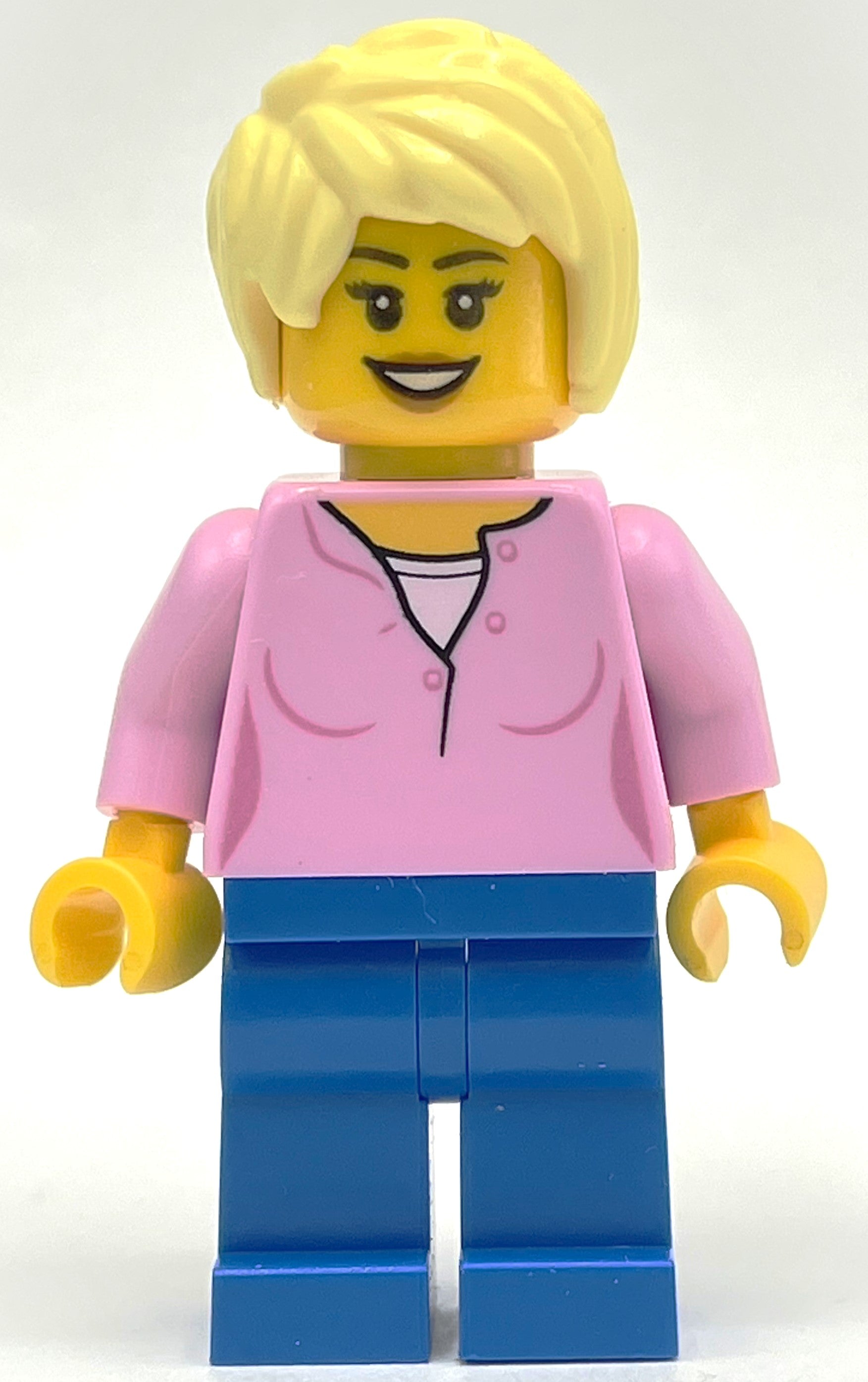fig-009866 – Woman, Bright Pink Top, Blue Legs, Bright Light Yellow Hair