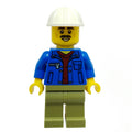 fig-009867 – Construction Worker, Blue Jacket, Olive Green Legs, White Hard Hat, Moustache