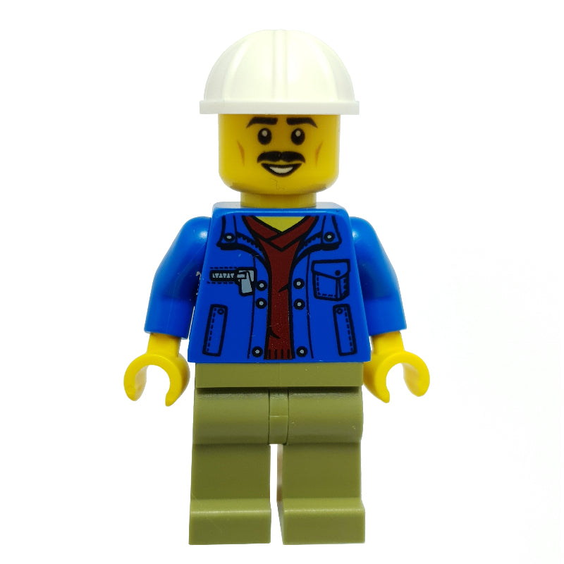 fig-009867 – Construction Worker, Blue Jacket, Olive Green Legs, White Hard Hat, Moustache