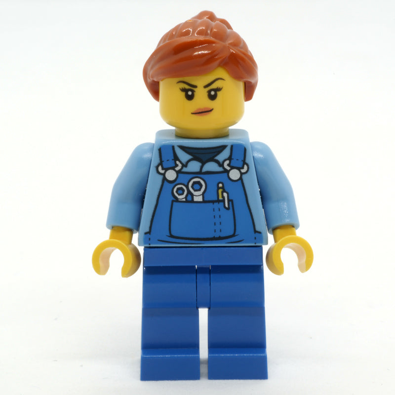 fig-009869 – Woman, Blue Overalls over Shirt, Dark Orange Hair, Dirt Stains