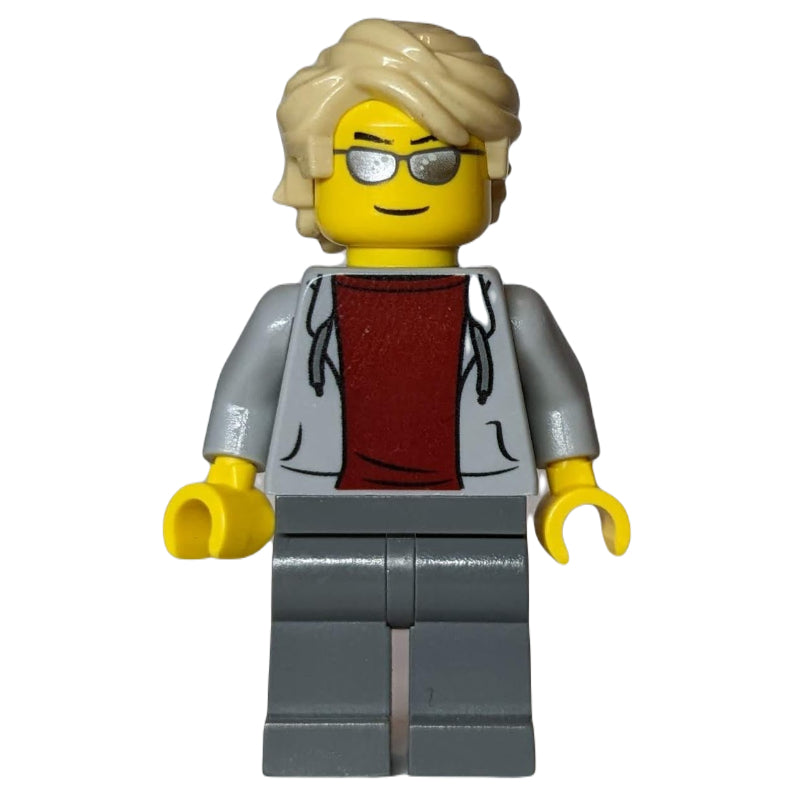 fig-009870 – Man, Light Bluish Gray Hoodie over Dark Red Shirt, Dark Bluish Gray Legs, Bright Light Yellow Hair, Silver Sunglasses