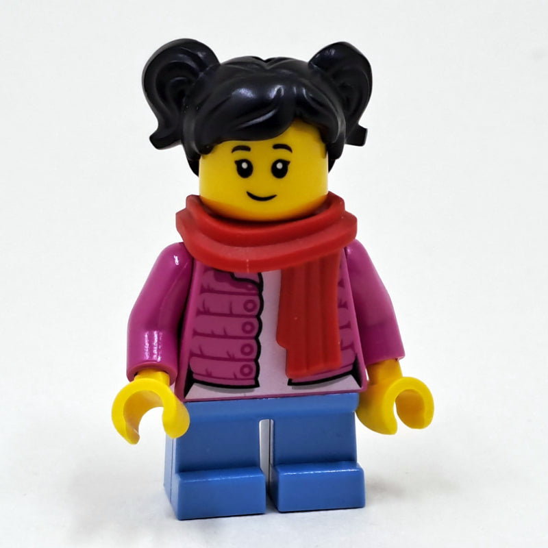 fig-009970 – Girl, Open Dark Pink Jacket, Short Medium Blue Legs, Red Scarf, Black Hair