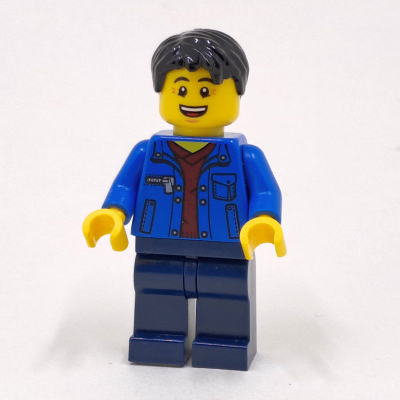 fig-009972 – Man, Open Blue Jacket over Dark Red Shirt, Dark Blue Legs, Black Hair
