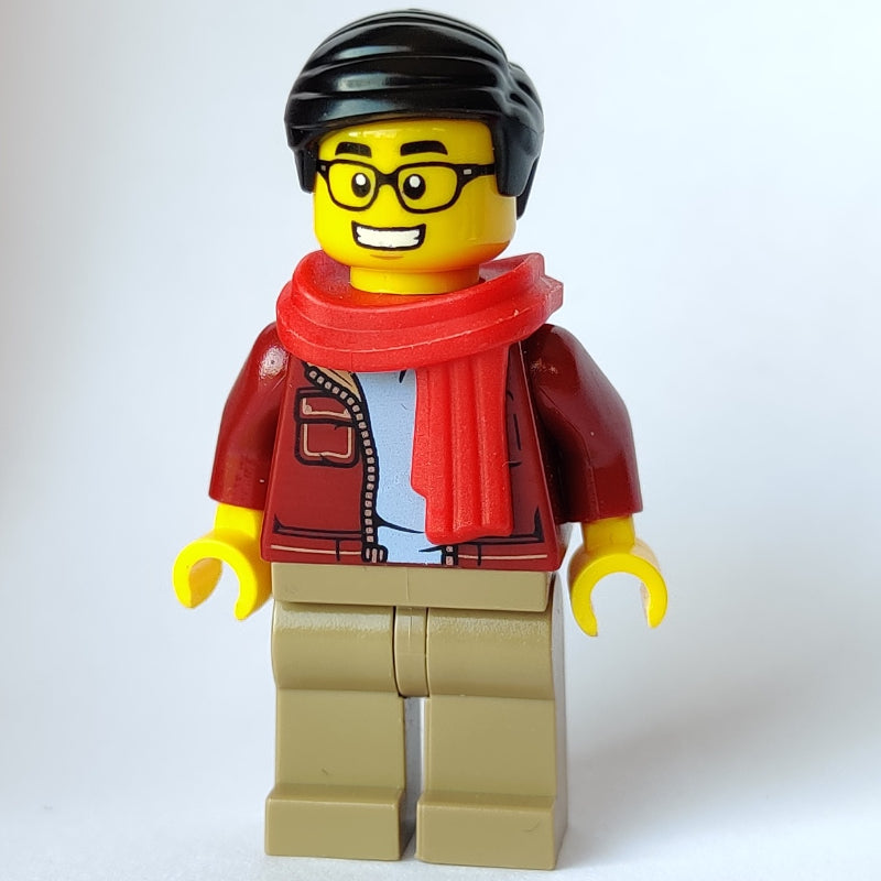 fig-009974 – Man, Open Dark Red Jacket, Dark Tan Legs, Red Scarf, Black Hair, Glasses