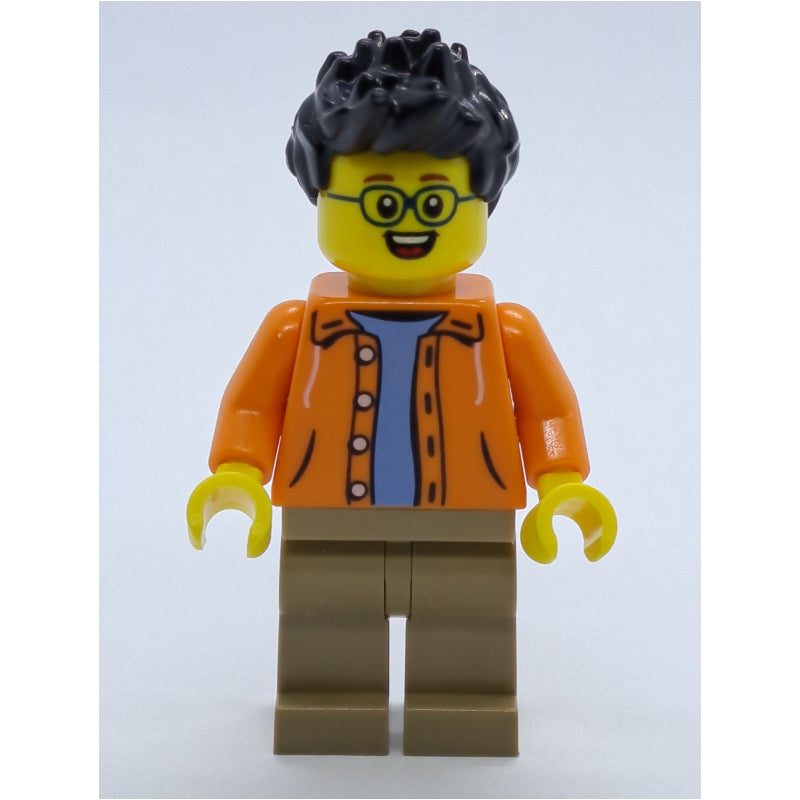 fig-009975 – Man, Open Orange Jacket over Light Blue Shirt, Black Hair, Glasses