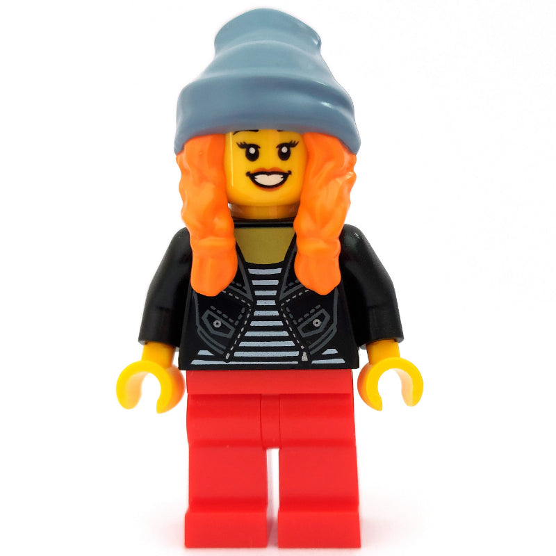 fig-009979 – Woman, Open Black Jacket over Black and White Striped Top, Red Legs, Sand Blue Beanie Hat with Hair