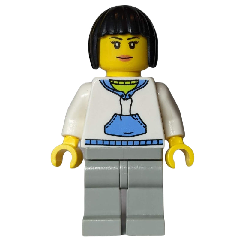fig-009980 – Woman, White and Blue Hoodie, Light Bluish Gray Legs, Black Hair