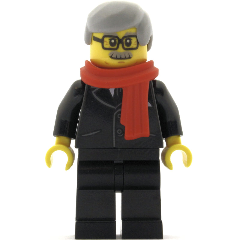 fig-009986 – Man, Black Suit with Tie, Red Scarf, Light Bluish Gray Hair, Moustache and Glasses
