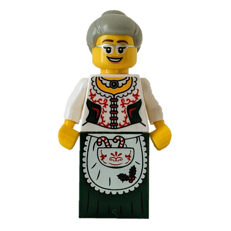 fig-010020 – Mrs. Claus, White Corset with Red Sides, Apron with Candy Canes, Dark Green Dress
