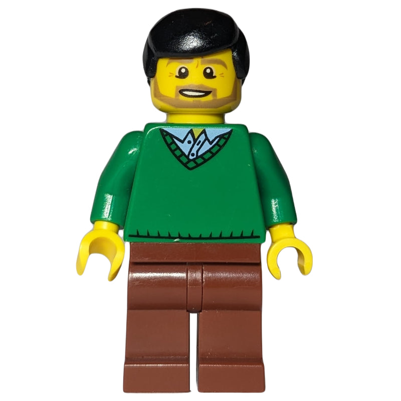 fig-010028 – Man, Green V-Neck Sweater, Reddish Brown Legs, Black Hair, Beard