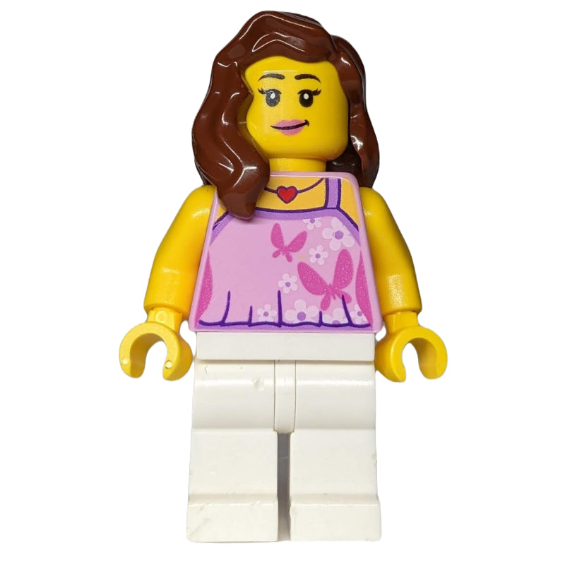 fig-010035 – Woman, Bright Pink Halter Top with Butterflies, White Legs, Reddish Brown Hair