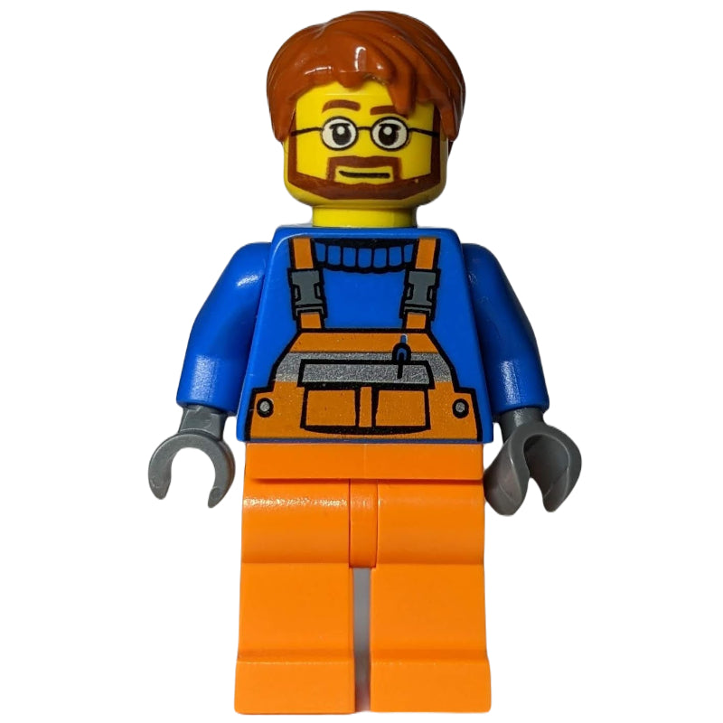 fig-010040 – Ground Crew, Orange Overalls over Blue Sweater, Dark Orange Hair, Beard and Glasses