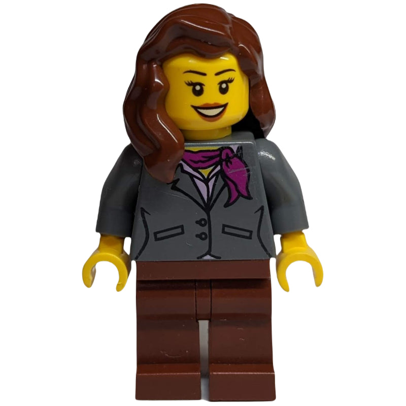 fig-010043 – Woman, Dark Bluish Gray Jacket with Magenta Scarf, Reddish Brown Legs, Reddish Brown Hair