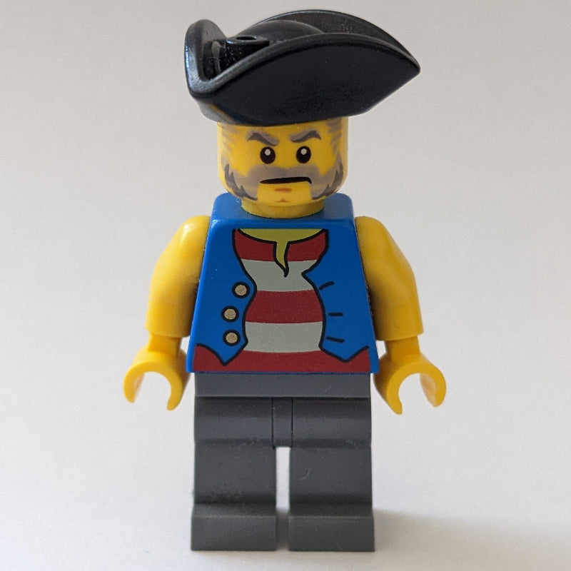 fig-010122 – Pirate, Open Blue Vest over Red and White Striped Shirt, Black Tricorne Hat
