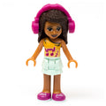 fig-010323 – Andrea - Bright Light Orange Top, Light Aqua Skirt, Magenta Headphone