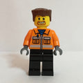 fig-010398 – Construction Worker, Orange Jacket with Zipper and Reflective Stripes, Black Legs, Reddish Brown Hair, Goatee Beard