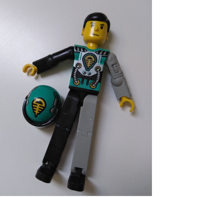 fig-010486 – Technic Figure Black/Light Gray Legs, Dark Turquoise Torso with Yellow, Black, Silver Print, Light Gray Mechanical Left Arm - Printed Helmet
