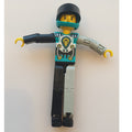 fig-010487 – Technic Figure Black/Light Gray Legs, Dark Turquoise Torso with Yellow, Black, Silver Print, Light Gray Mechanical Left Arm - Dark Turquoise Helmet
