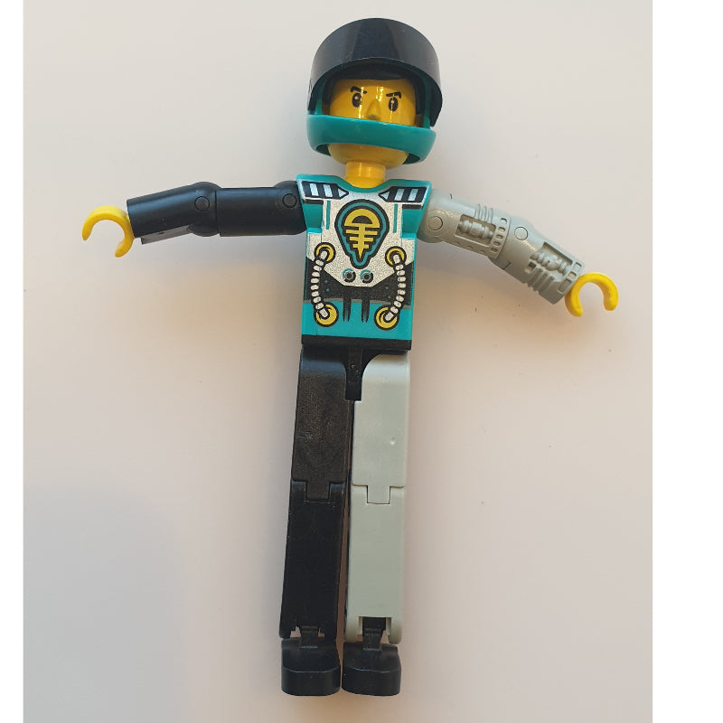 fig-010487 – Technic Figure Black/Light Gray Legs, Dark Turquoise Torso with Yellow, Black, Silver Print, Light Gray Mechanical Left Arm - Dark Turquoise Helmet