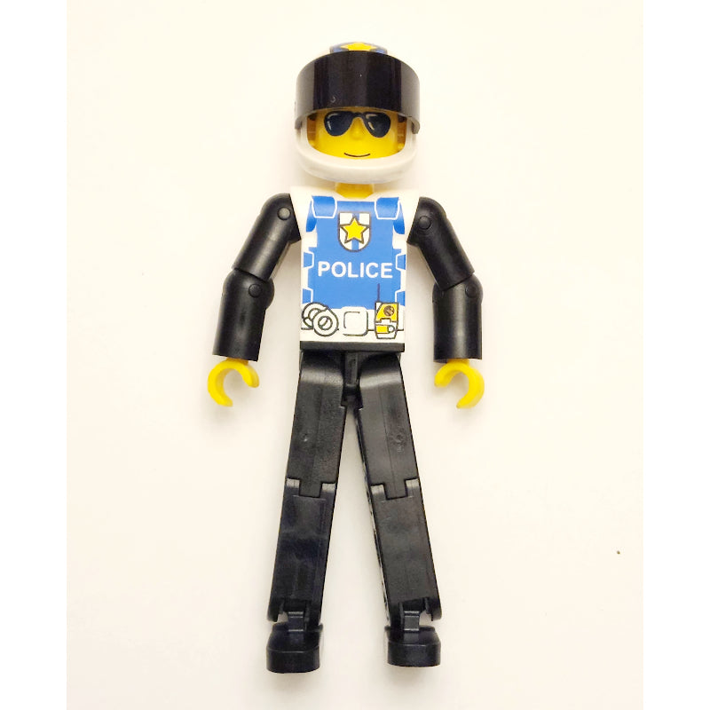 fig-010489 – Technic Figure Black Legs, White Top with Police Logo, Black Arms - White Helmet