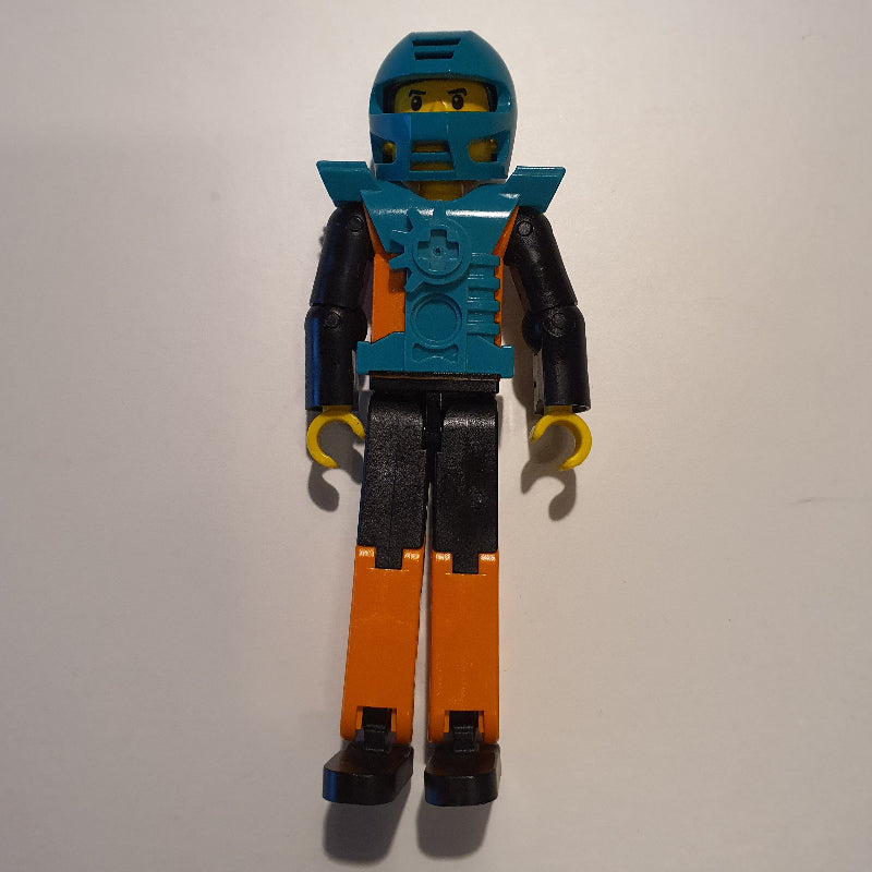 fig-010493 – Technic Figure Orange/Black Legs, Orange Torso with Silver Print, Black Arms, Black Hair - Dark Turquoise Helmet