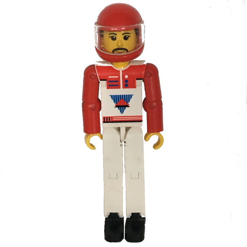 fig-010499 – Technic Figure White Legs, White Top with Red Vest, Red Arms, Black Hair - Red Helmet