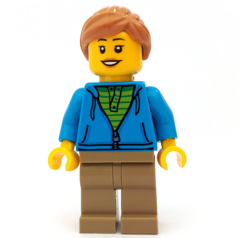 fig-010564 – Woman, Open Dark Azure Hoodie over Lime Shirt, Dark Tan Legs, Medium Nougat Hair, Hearing Aid