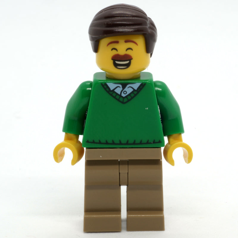 fig-010570 – Man, Green Sweater, Dark Tan Legs, Dark Brown Hair, Moustache