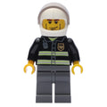 fig-010634 – Fireman, Black Fire Jacket with Reflective Stripes, Radio, and Badge, White Helmet with Visor, Cheek Lines, Dark BLuish Grey Legs