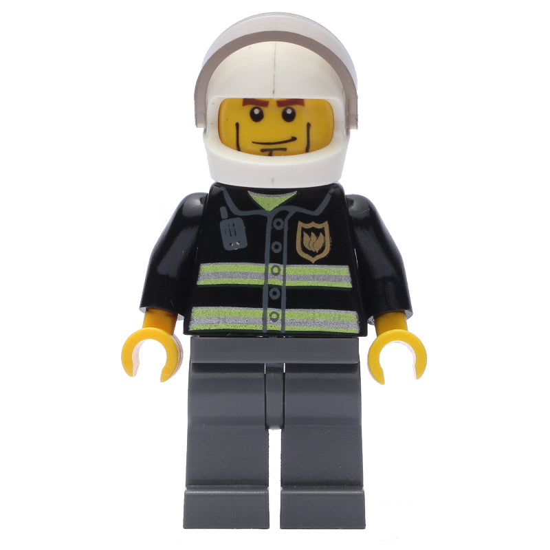 fig-010634 – Fireman, Black Fire Jacket with Reflective Stripes, Radio, and Badge, White Helmet with Visor, Cheek Lines, Dark BLuish Grey Legs