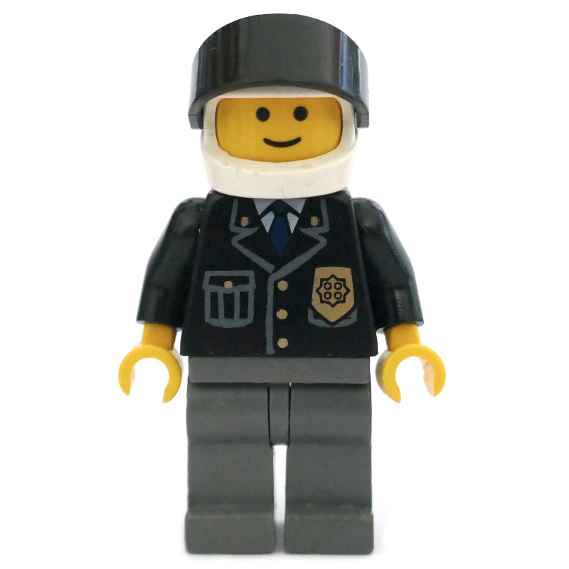 fig-010707 – Police - Black Torso, Dark Bluish Grey Legs, White Helmet, Black Visor