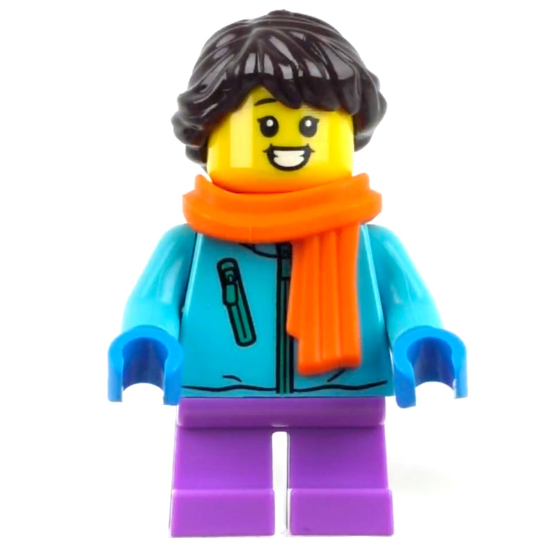 fig-010736 – Girl, Medium Azure Jacket, Medium Lavender Legs, Orange Scarf, Dark Brown Hair