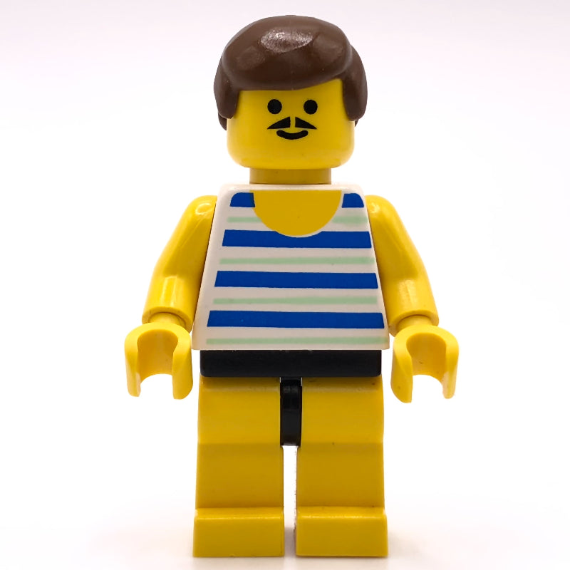 fig-010741 – Man, Blue and White Striped Swimsuit, Brown Hair, Moustache