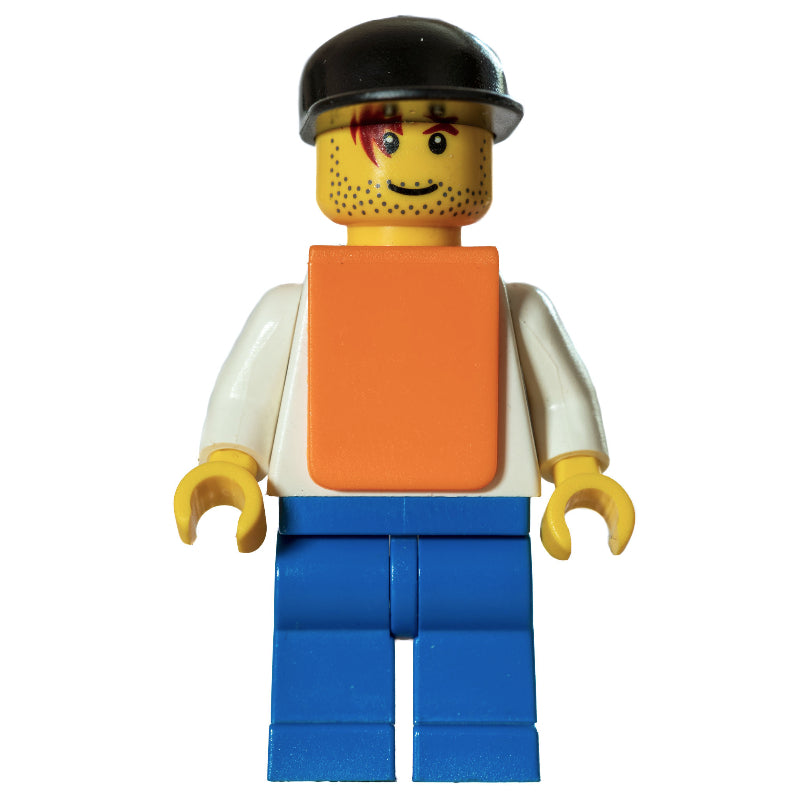 fig-010743 – White Torso, Orange Vest, Blue Legs, Black Cap, Smile