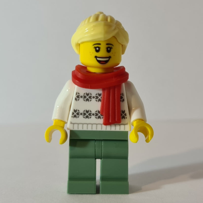 fig-010748 – White Torso, Sand Green Legs, Bright Light Yellow Hair, Red Scarf