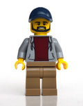 fig-010756 – Man, Light Bluish Gray Open Hoodie, Dark Tan Legs, Dark Blue Cap, Beard