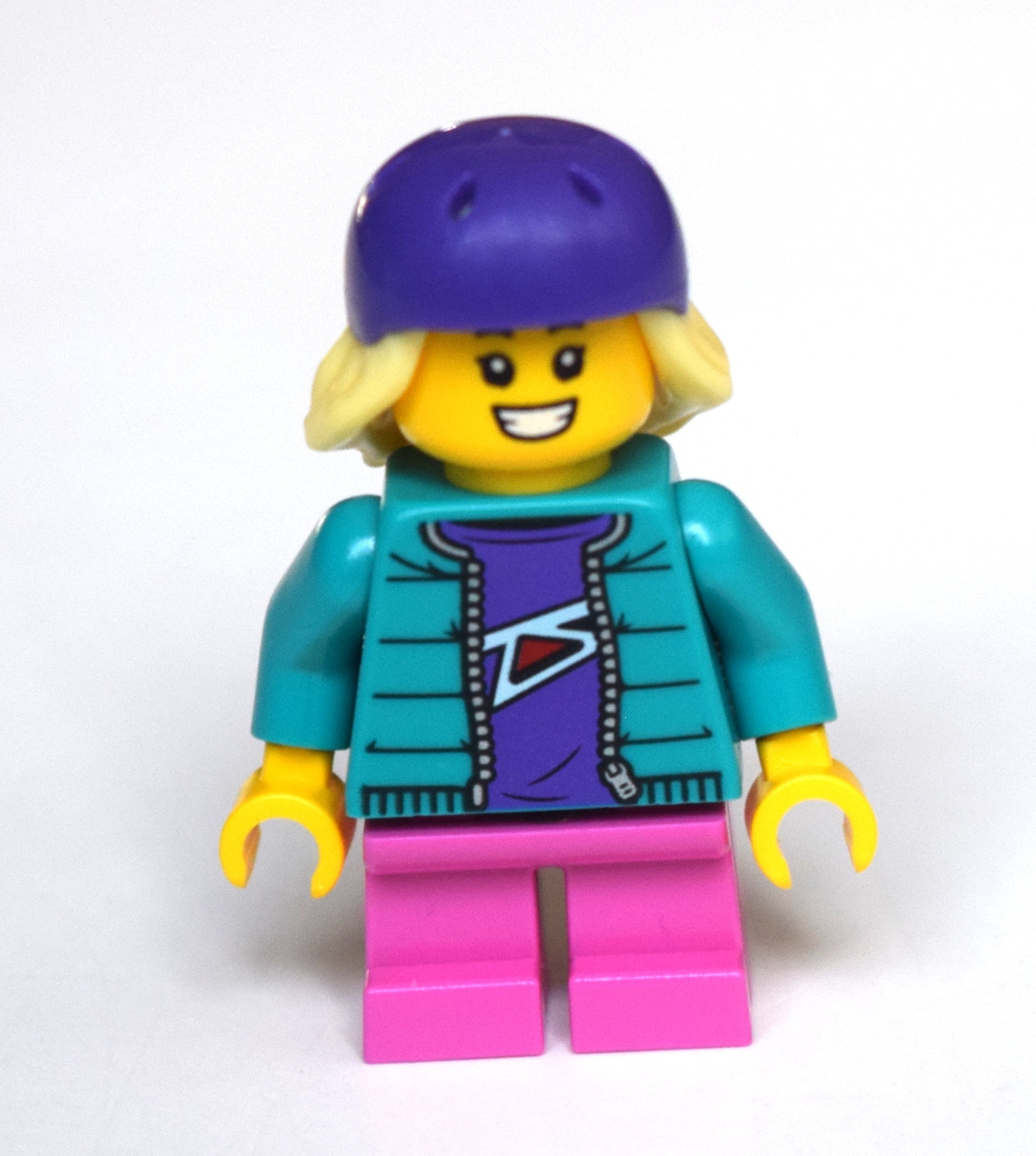 fig-010779 – Girl, Dark Turquoise Jacket, Short Dark Pink Legs, Dark Purple Bike Helmet