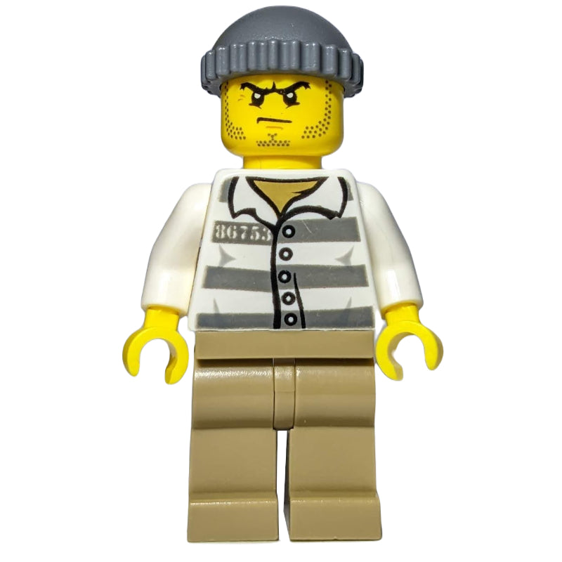 fig-010782 – Criminal, Prison Shirt '86753', Dark Tan Legs, Hat, Stubble
