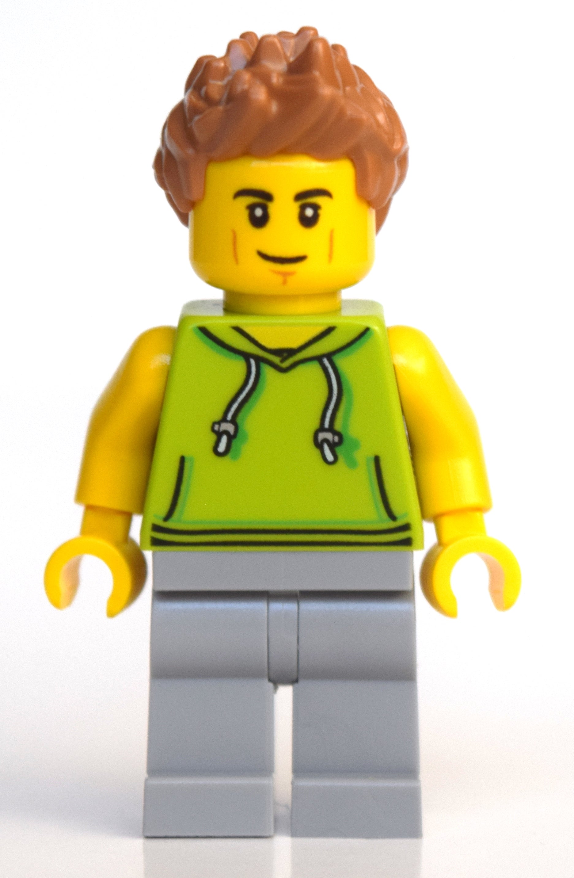 fig-010795 – Man, Lime Hoodie, Light Bluish Gray Legs, Medium Nougat Hair
