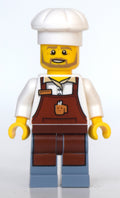 fig-010796 – Barista, Reddish Brown Apron, Sand Blue Legs, Chef Hat