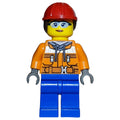 fig-010800 – Construction Worker, Woman, Orange Safety Jacket, Blue Legs, Ponytail with Red Hard Hat
