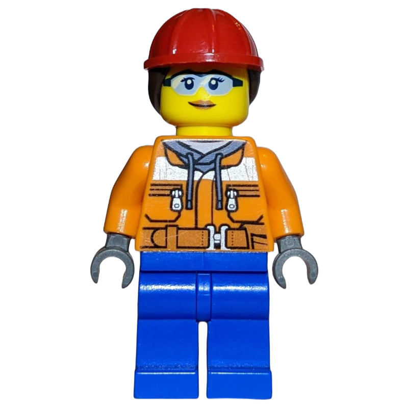 fig-010800 – Construction Worker, Woman, Orange Safety Jacket, Blue Legs, Ponytail with Red Hard Hat