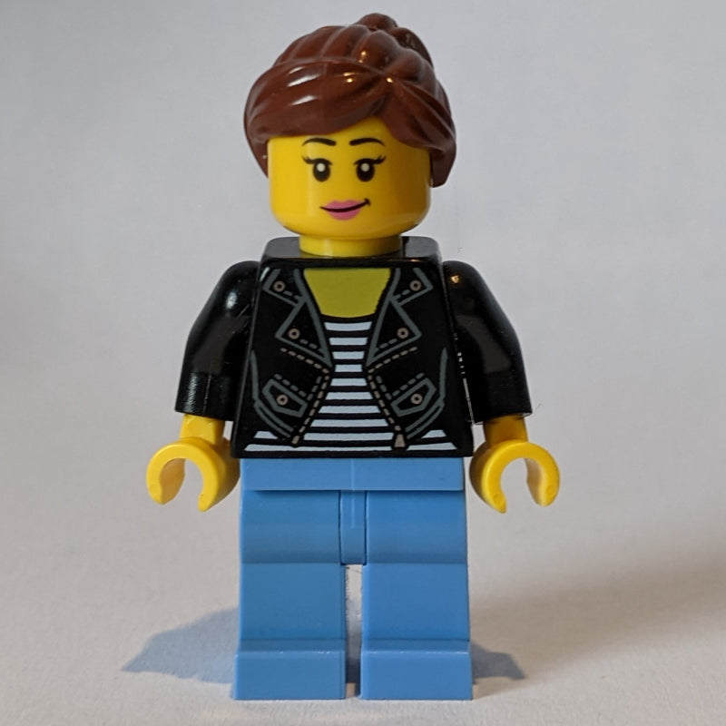 fig-010820 – Woman, Black Jacket, Medium Blue Legs, Reddish Brown Hair