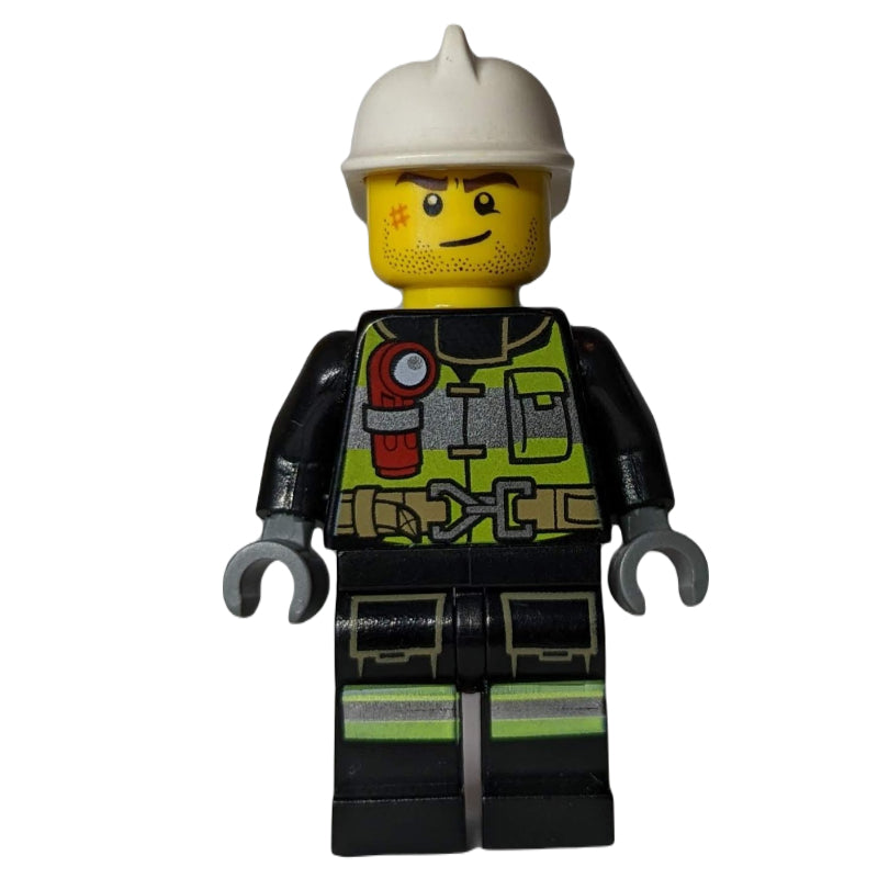 fig-010838 – Fireman, Black Firesuit with Lime Safety Vest and Torch, White Helmet