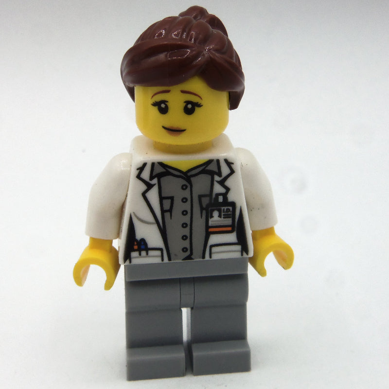 fig-010841 – Woman, White Jacket, Light Bluish Gray Legs, Reddish Brown Hair