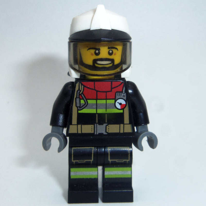 fig-010843 – Fireman, Black Firesuit, White Helmet with Black Peak and Neck Protector with Visor