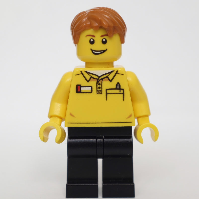 fig-010845 – LEGO Employee, Yellow Shirt, Black Legs, Dark Orange Hair