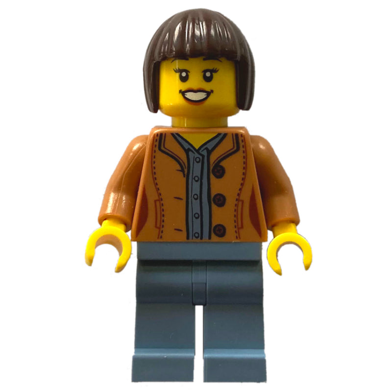 fig-010846 – Woman, Medium Nougat Jacket, Sand Blue Legs, Dark Brown Hair