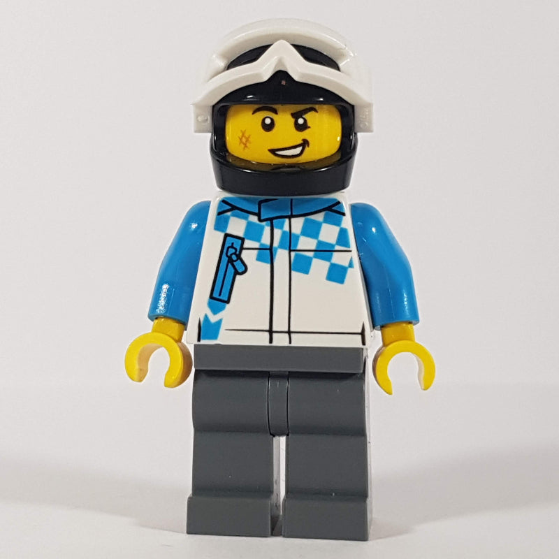 fig-010847 – Man, Racing Jacket, Black Helmet with White Snow Goggles